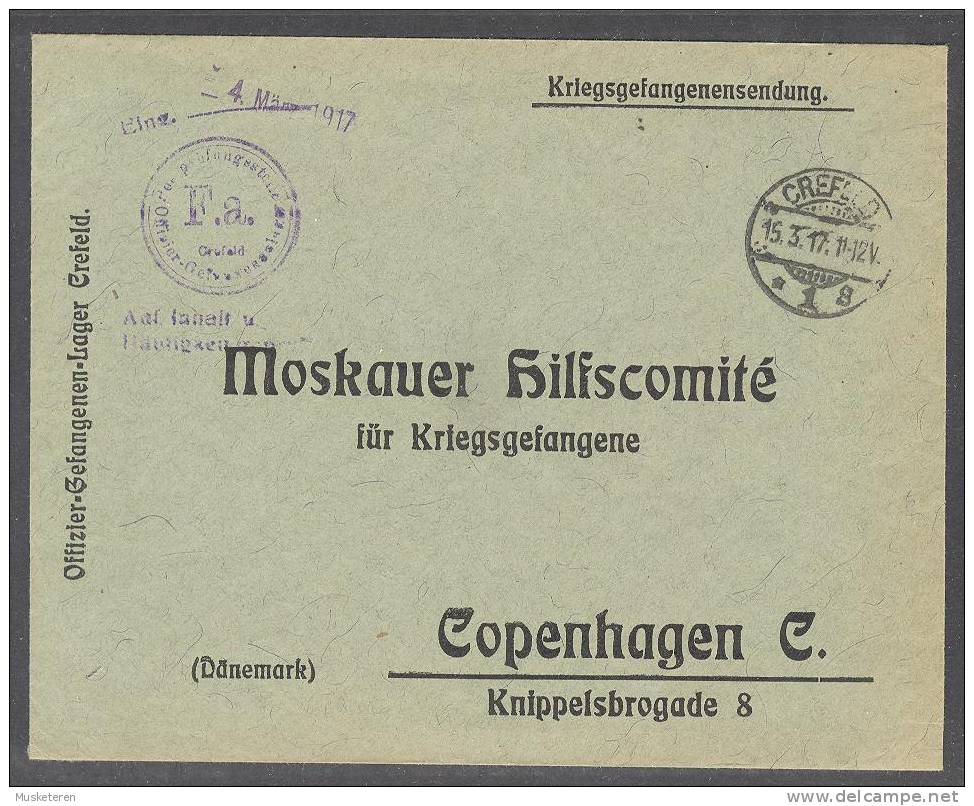 Kriegsgefangenensendung Offizier-Gefangenen-Lager CREFELD 1917 Cover Moskauer Hilfscomité Dänemark Censor Zensur - Lettres & Documents