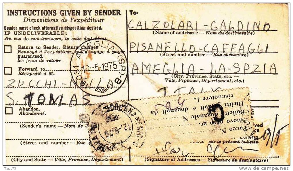 Stati Uniti  /  Italia - Pacchi Postali Lire 500 -   20 Maggio 1975 - Colis-postaux