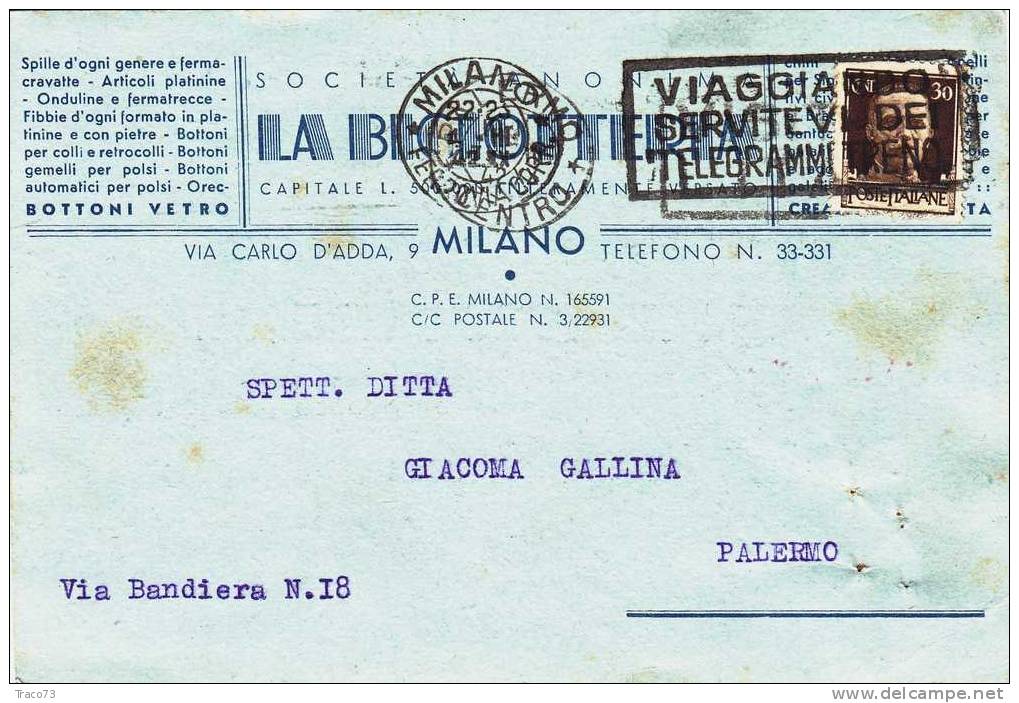 Milano  /  Palermo  - Cartolina Pubblicitari  Società  " LA BIGIOTTERIA " - Cent. 30 Isolato - Firma - Reclame