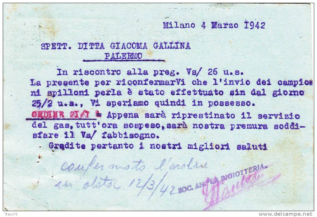Milano  /  Palermo  - Cartolina Pubblicitari  Società  " LA BIGIOTTERIA " - Cent. 30 Isolato - Firma - Reclame