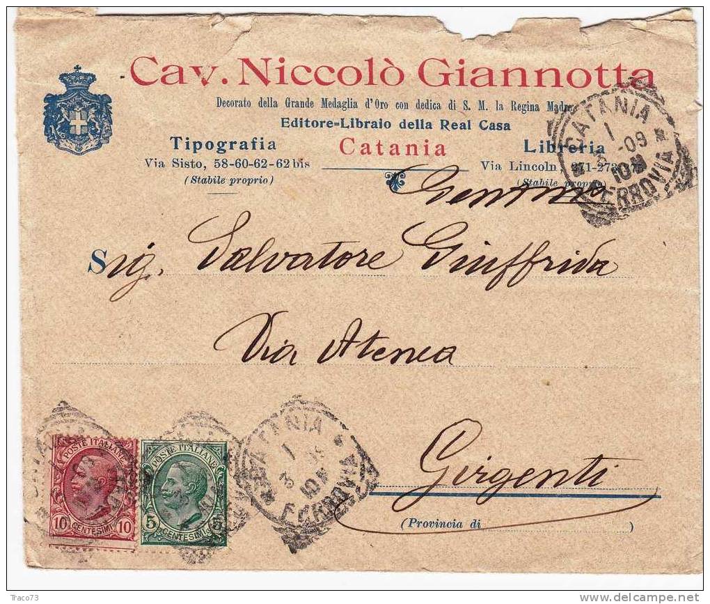 Catania   /  Girgenti  - Cover / Lettera  Pubblicitaria "Cav. Niccolò Giannotta Ed. Libraio " - Leoni  Cent. 10 + 5 - Publicité