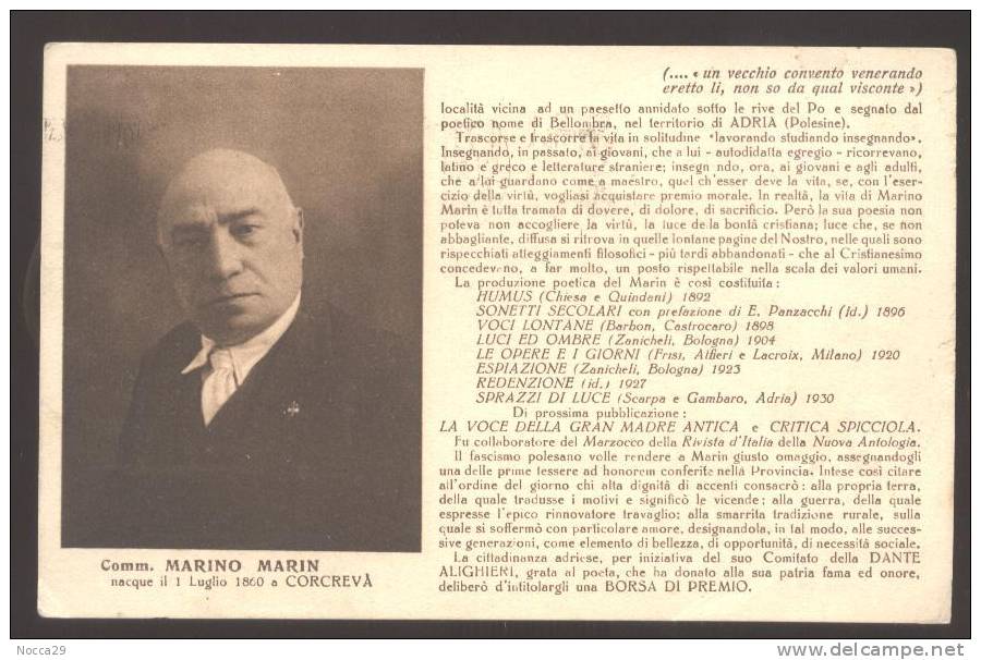 ADRIA 1934 COMM. MARINO MARIN NATO A CONCREVA - CARTOLINA COMMEMORATIVA - Rovigo