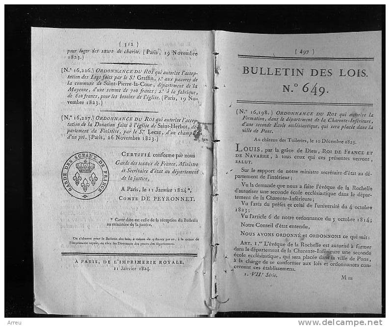 Bulletin Des Lois Du 11 Janvier 1824 – 186 Ans D’âge ! - Formation D'écoles écclésiastique Dans Les Villes De Pons (Char - Décrets & Lois