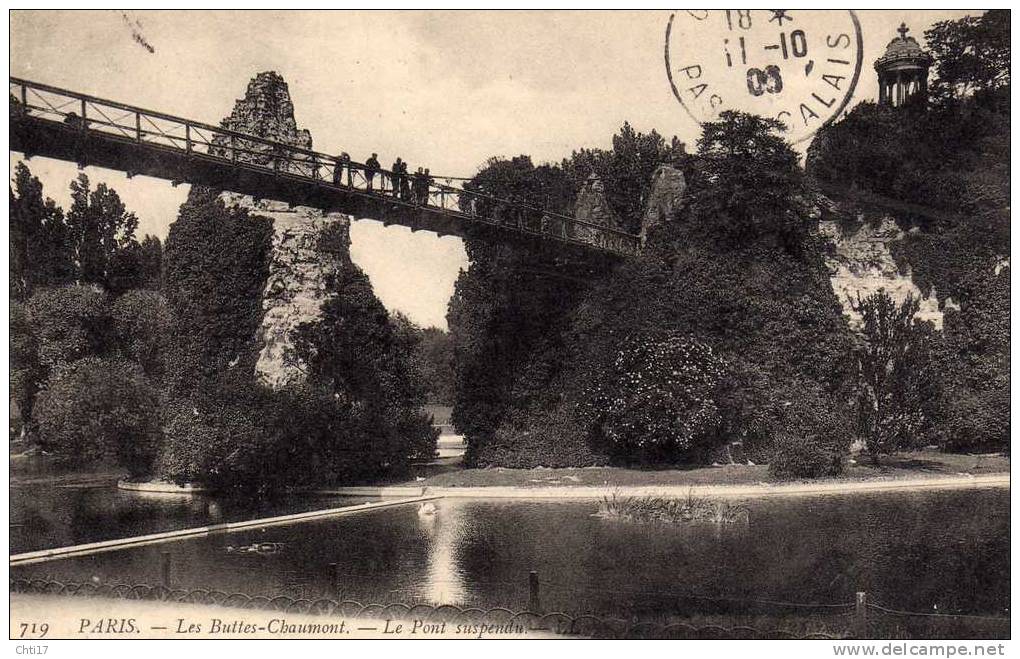 PARIS 19 LES BUTTES CHAUMONT ET LE PONT SUSPENDU   CIRC  1908  EDIT  LL   /   719 - Arrondissement: 19