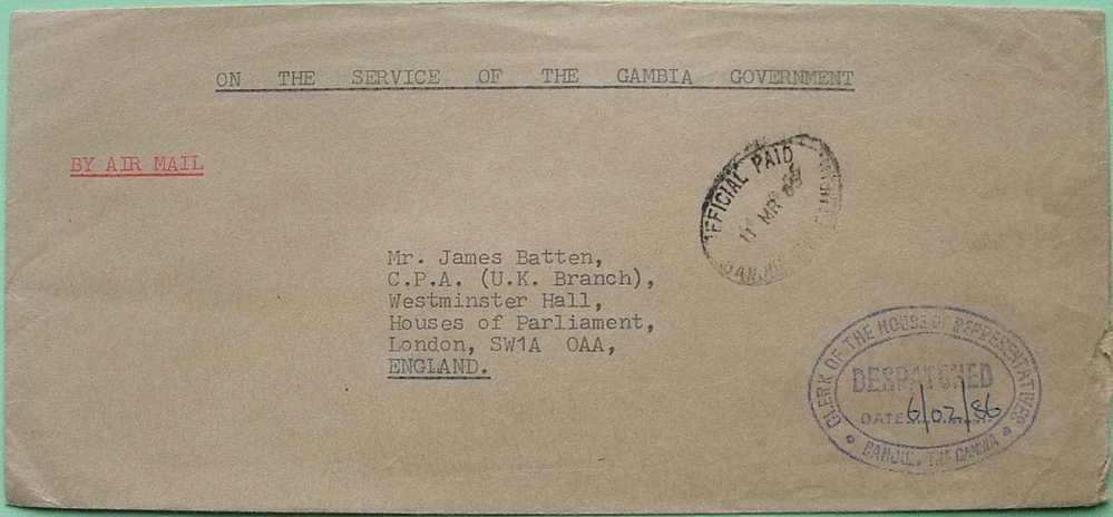 Gambia 1986 Official Cover To England UK - House Of Representatives Cancel - Gambia (1965-...)