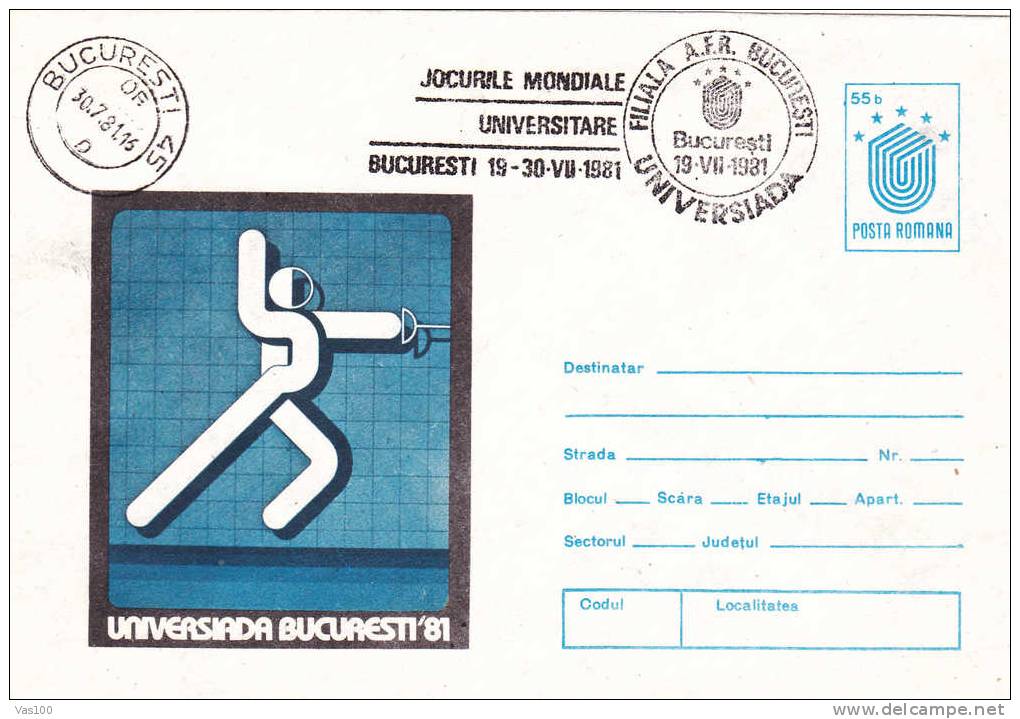 Entier Postal With Fencing Escrime,1981+ Special Cancell Bucharest Universiade. - Fencing