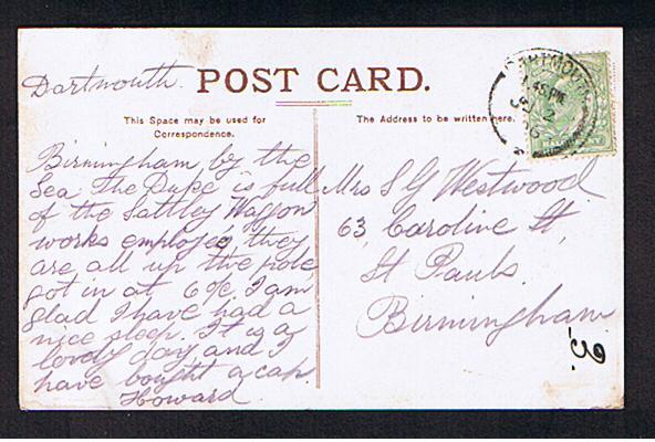 RB 598 - 1905 Postcard -  Paddlesteamer Boat Ship Approaching Torquay Devon - Posted At Dartmouth - Torquay