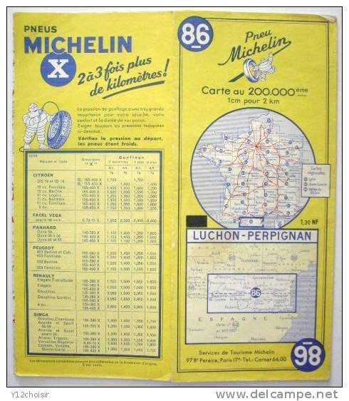 CARTE ROUTIERE 86 MICHELIN 1959 LUCHON PERPIGNAN NARBONNE MONTREJEAU SAINT GAUDENS PAMIERS FOIX VICDESSOS QUILLAN CERET - Carte Stradali