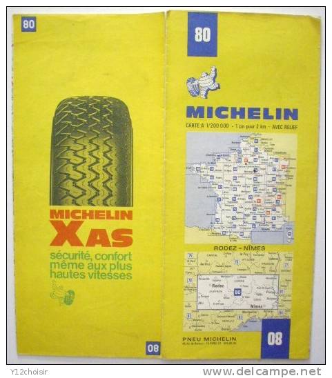 CARTE ROUTIERE 80 MICHELIN 1971 RODEZ NIMES DECAZEVILLE MONTELIMAR CARMAUX AVIGNON TARASCON FLORAC MILLAU ALES ESPALION - Wegenkaarten