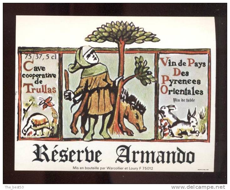 Etiquette De Vin De Pays Des Pyrénées Orientale- Réserve Armando - Cave Coop De Trullas - Thème Chasse - Hunting