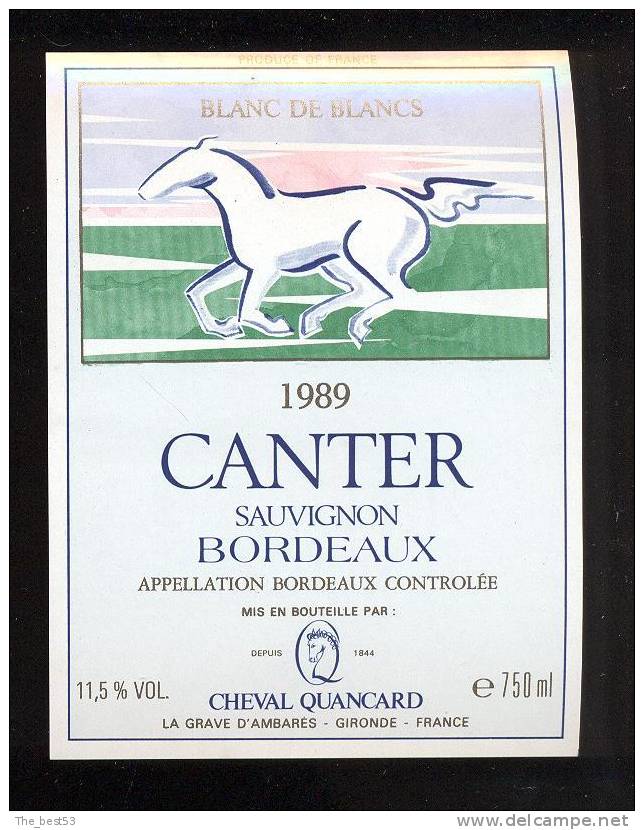 Etiquette De Vin Bordeaux Sauvignon 1989  -  Canter  -  750 Ml  -  Thème Cheval - Paarden
