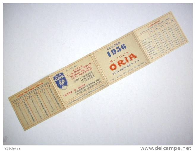 CALENDRIER 1956 BIJOU BIJOUX ORIA OR BIJOUTIER COQ PETIT FORMAT - Petit Format : 1941-60