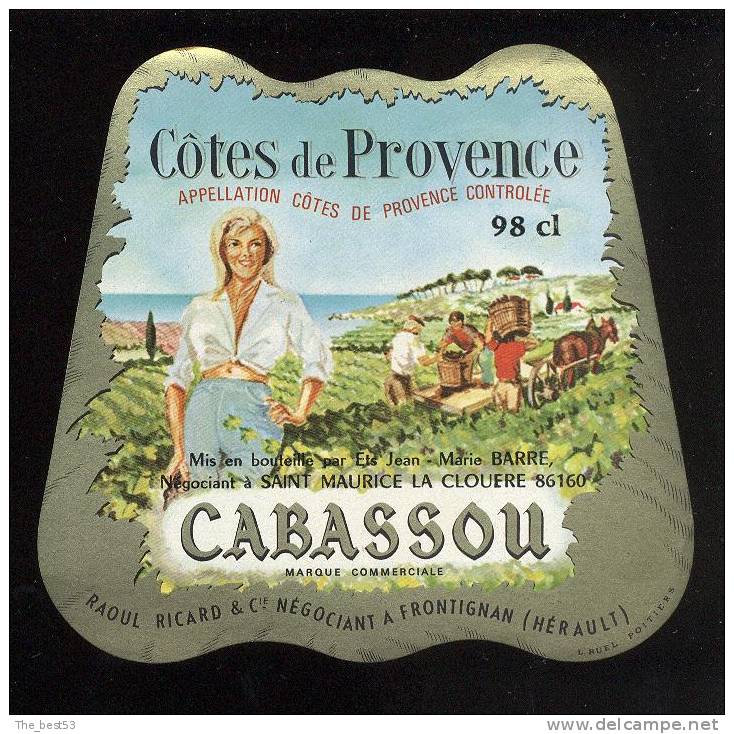 Etiquette De Vin Côtes De Provence -  Cabassou  - R. Ricard à Frontignan (34) -  Thème Femme, Travail De La Vigne - Feminine Beauty Art Nouveau