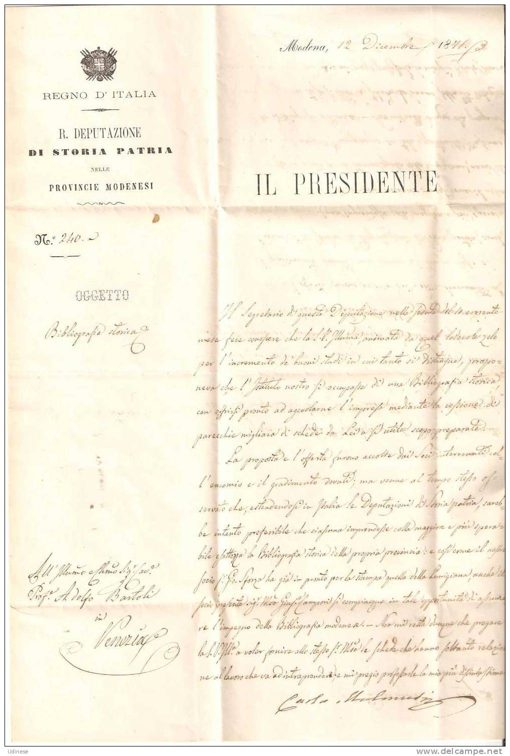 REGIA DEPUTAZ.IONE DI STORIA PATRIA  PROVINCE MODENESI - LETTERA  DEL  12.12.1871 - Documents Historiques