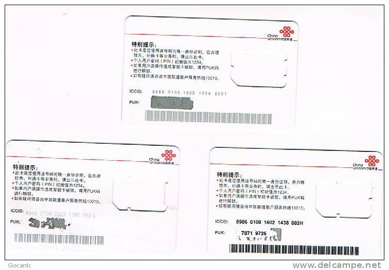 CINA  - CHINA UNICOM- GSM SIM CARD (WITHOUT CHIP)  - BOYS 2007G 03-1-1 (LOT OF 3 DIFFERENT) - USED  -  RIF. 2854 - Chine