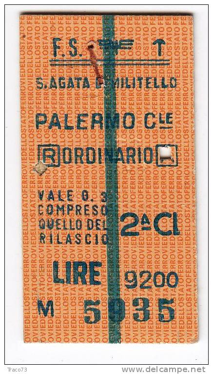 S. Agata Di Militello  /  Palermo C.le  -  16.06.1984  / BIGLIETTO TRENO  -  Val 3 Giorni - Lire 9.200 - Europe