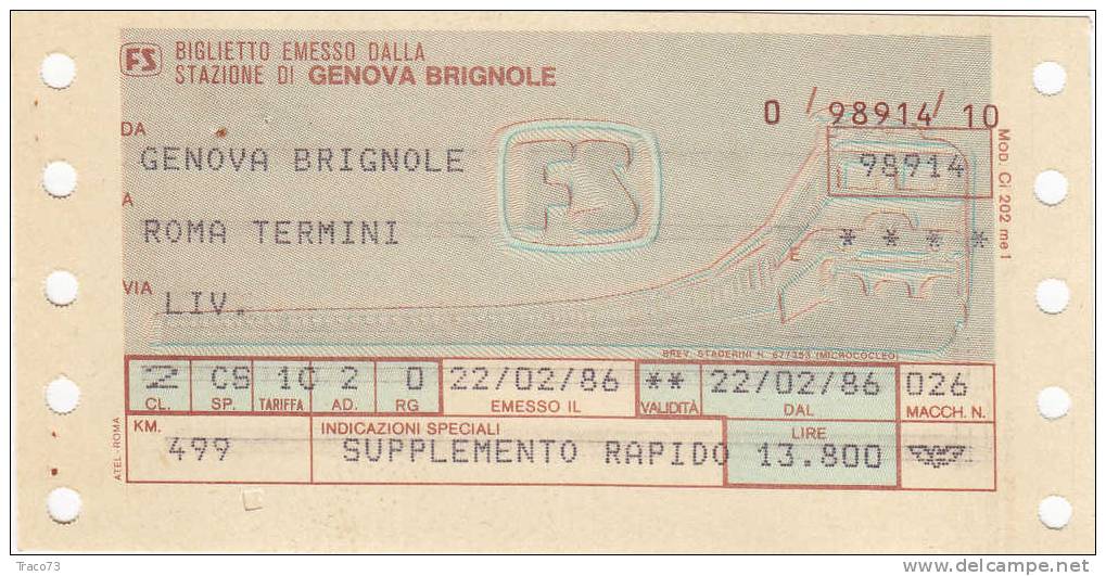 Genova Brignole  /  Roma Termini  - 22.02.1986   -  Supplemento Rapido - Europe