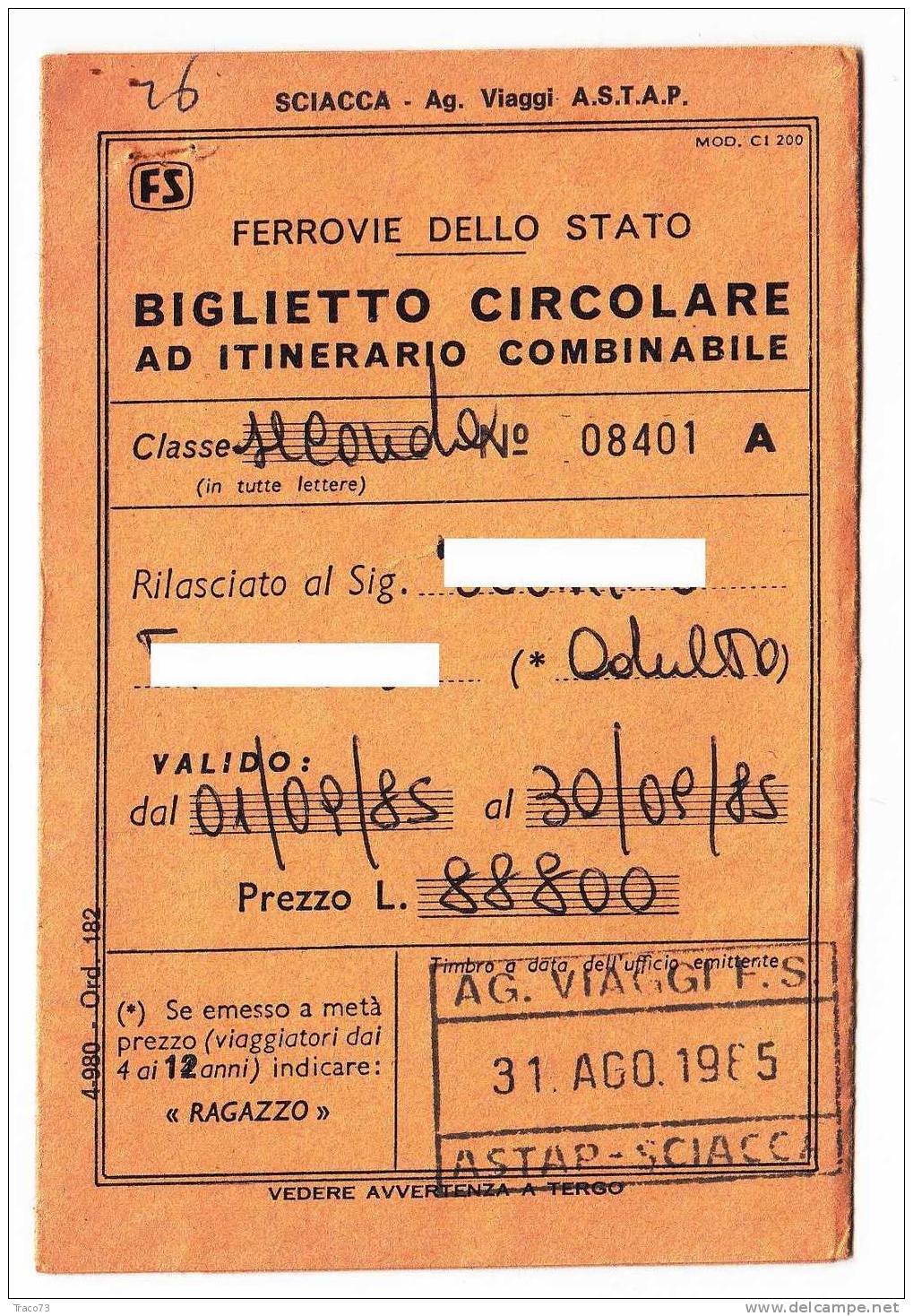 BIGLIETTO CIRCOLARE  Ad Itinerario Combinabile   /   2^ Classe  1.9.1985 - Europe