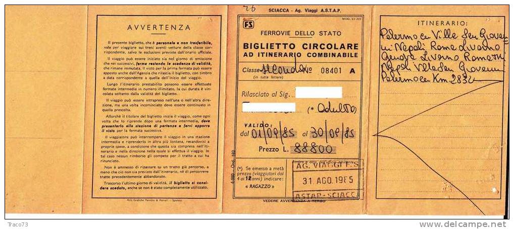 BIGLIETTO CIRCOLARE  Ad Itinerario Combinabile   /   2^ Classe  1.9.1985 - Europa