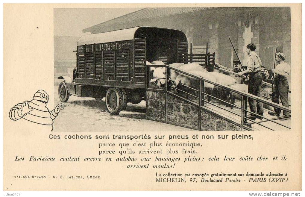 MICHELIN Carte Publicitaire Camion Transport De Cochons Sur Pneus Gros Plan Bibendum - Vrachtwagens En LGV