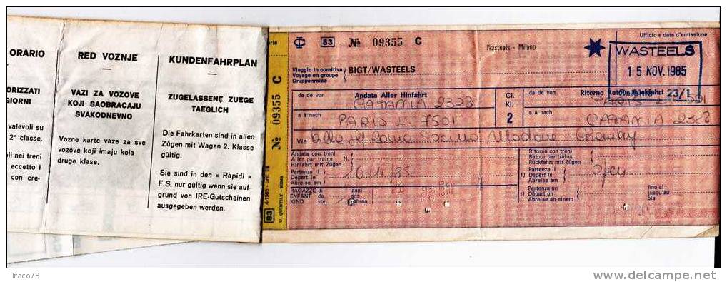 CATANIA   /  PARIGI  -  A.R. Biglietto Di 2^ Classe  -  16  Novembre 1985 - Europe
