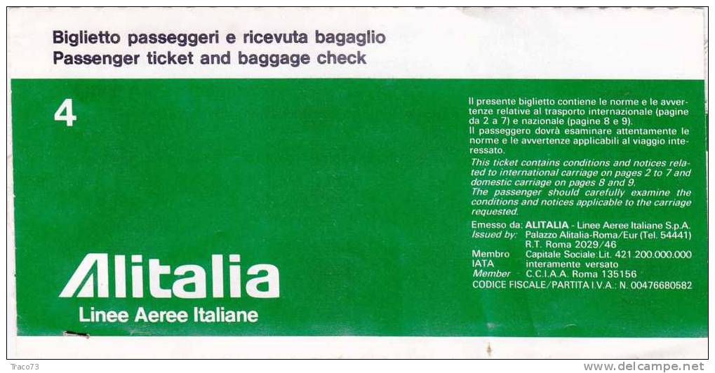 GENOVA   /  PALERMO  - Biglietto Aereo " ALITALIA " Tagliando Per Il Passeggero - 20 AGO.1986 - Europa