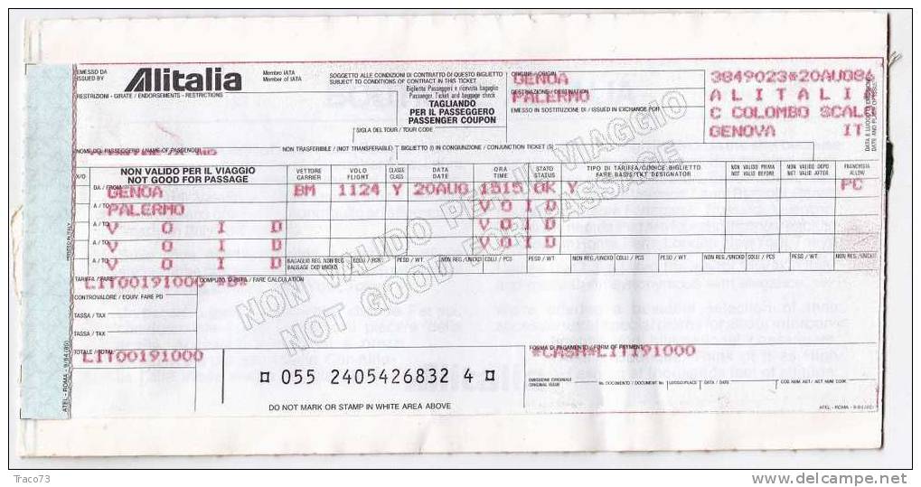 GENOVA   /  PALERMO  - Biglietto Aereo " ALITALIA " Tagliando Per Il Passeggero - 20 AGO.1986 - Europe