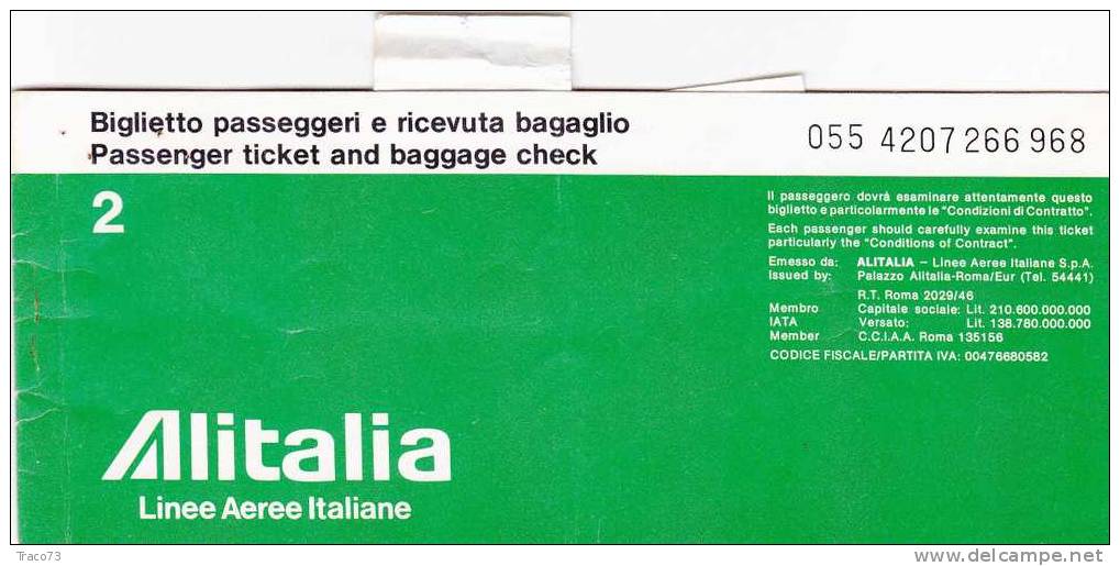 PARIGI  /  ROMA  /  PALERMO  - Biglietto Aereo " ALITALIA " Con Talloncini Per Bagagli - 08 AGO.1985 - Europe