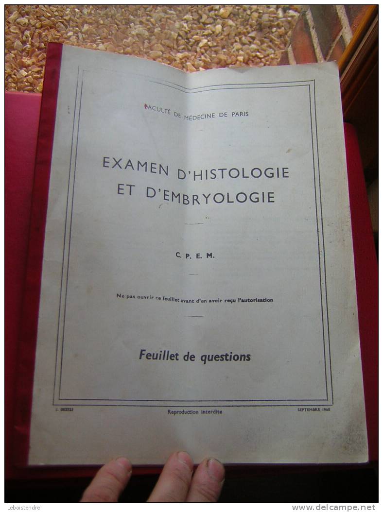 LIVRET-FACULTE DE MEDECINE DE PARIS-EXAMEN D'HISTOLOGIE ET D'EMBRYOLOGIE-C.P.E.M.FEUILLET DE QUESTIONS -SEPTEMBRE 1965 - 18+ Jaar
