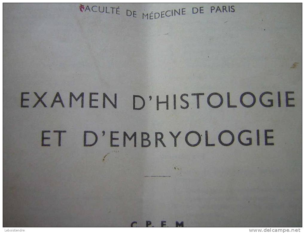 LIVRET-FACULTE DE MEDECINE DE PARIS-EXAMEN D'HISTOLOGIE ET D'EMBRYOLOGIE-C.P.E.M.FEUILLET DE QUESTIONS -SEPTEMBRE 1965 - 18+ Jaar