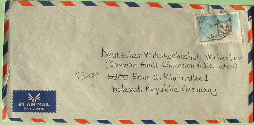 Gambia 1998 Cover To Germany - Education - British Bi-color Cat - Gambie (1965-...)