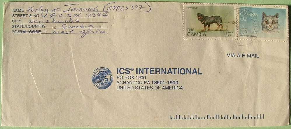 Gambia 2000 Cover To USA -  Rottweiler Dog - Britain Bi-color Cat - Gambia (1965-...)