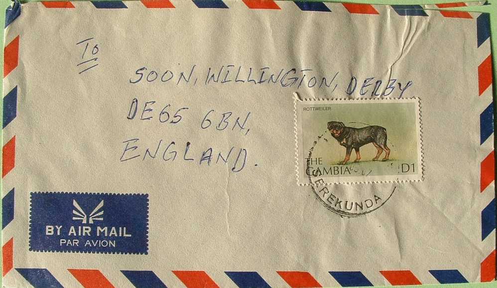 Gambia 2002 Cover To England UK - Rottweiler Dog - Gambia (1965-...)