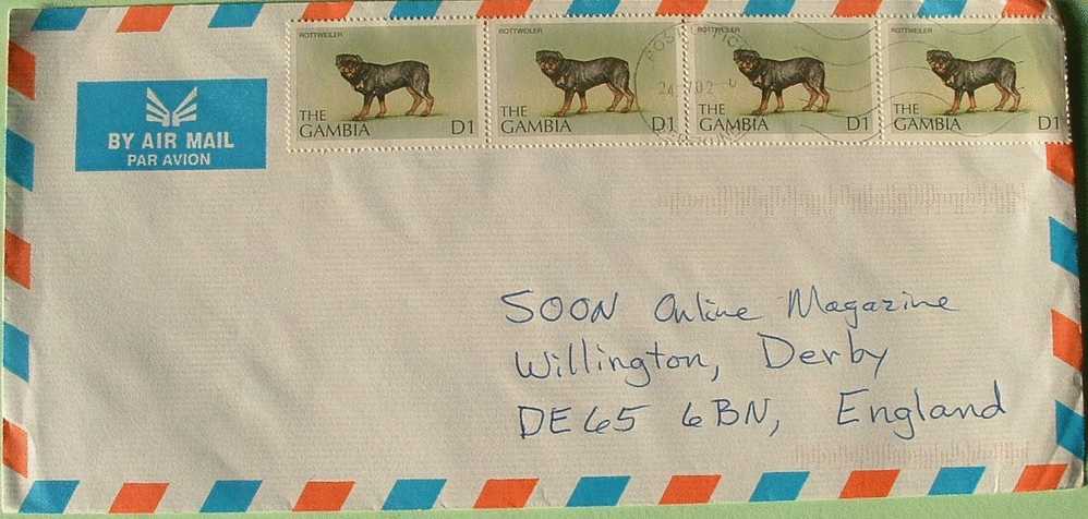 Gambia 2002 Cover To England UK - Rottweiler Dog - Gambie (1965-...)