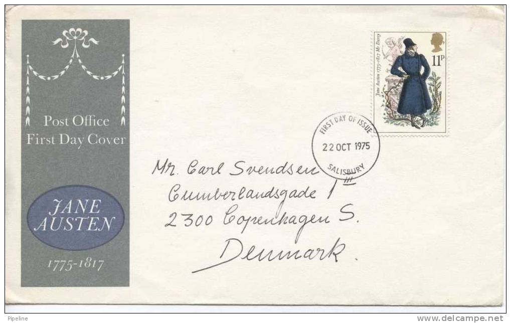 Great Britain FDC 22-10-1975 Jane Austen With Cachet Sent To Denmark - 1952-1971 Pre-Decimal Issues