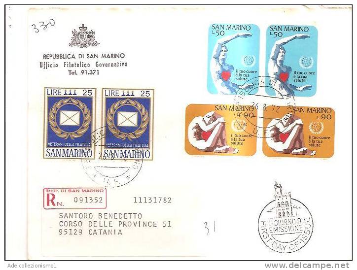 46329)LETTERA FDC SAN MARINO 1972: ANNO CUORE+Veterani Della Filatelia Italiana - Briefe U. Dokumente