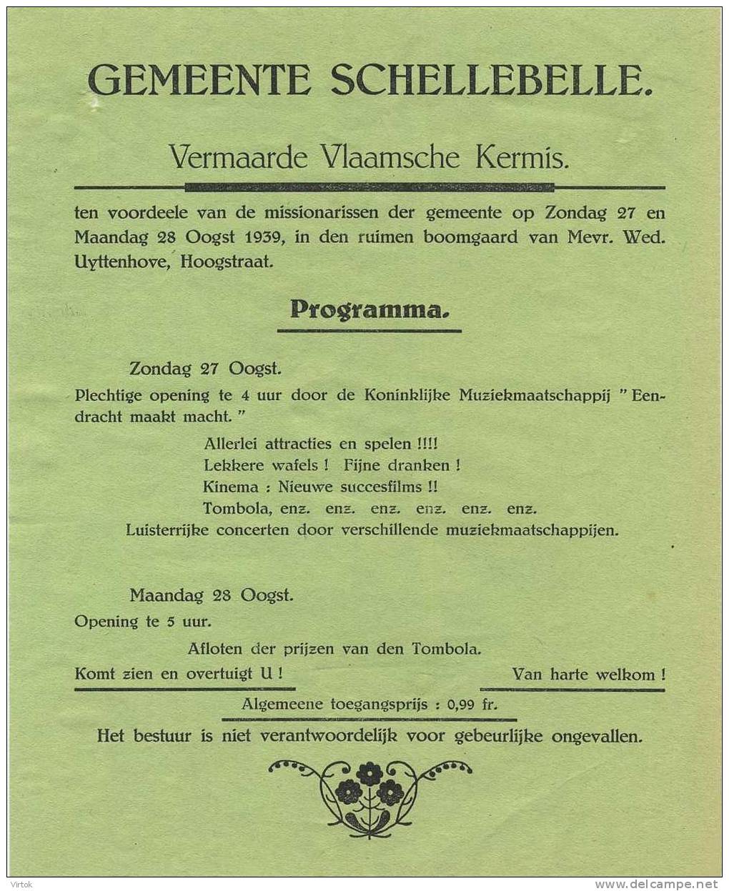 Schellebelle :  Vlaamsche Kermis   1939      *oud Document ( 17.5 X 21.5 Cm ) - Aalst