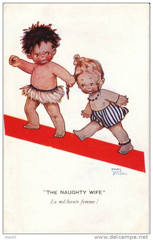 Naughty Wife, Children As Caveman And Cavewoman, Mabel Lucie Atwell Artist Signed, 1920s Vintage Postcard - Attwell, M. L.