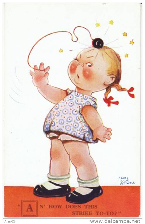 Yo-yo Hits Child In Head, Toy, Comic Humor,  Mabel Lucie Attwell Artist Signed C1920s Vintage Postcard - Attwell, M. L.