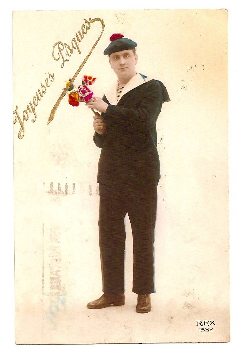 CPA Joyeuse Pâques Marin Au Pompom Et Bouquet 1923 - Hommes