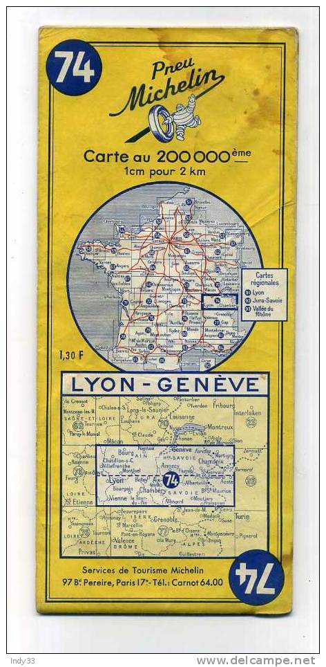 - CARTE MICHELIN FRANCE N°74 LYON-GENEVE 1962 - Cartes Routières