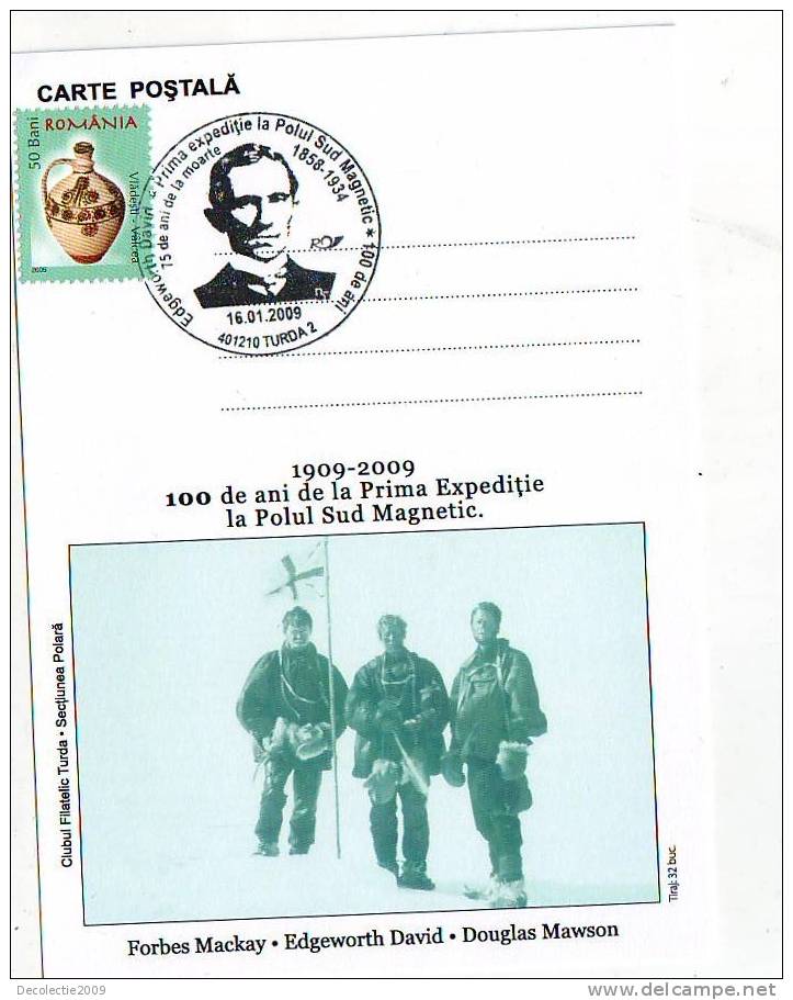 M795 Postal Card Romania Explorateurs 100 Years From South Pole Discover Forbes Mackay Douglas Mawson Perfect Shape - Exploradores