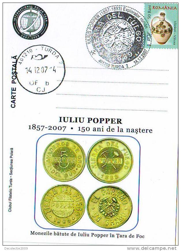 M808 Postal Card Romania Iuliu Popper Coins Tierra Del Fuego Explorateurs Perfect Shape - Onderzoekers