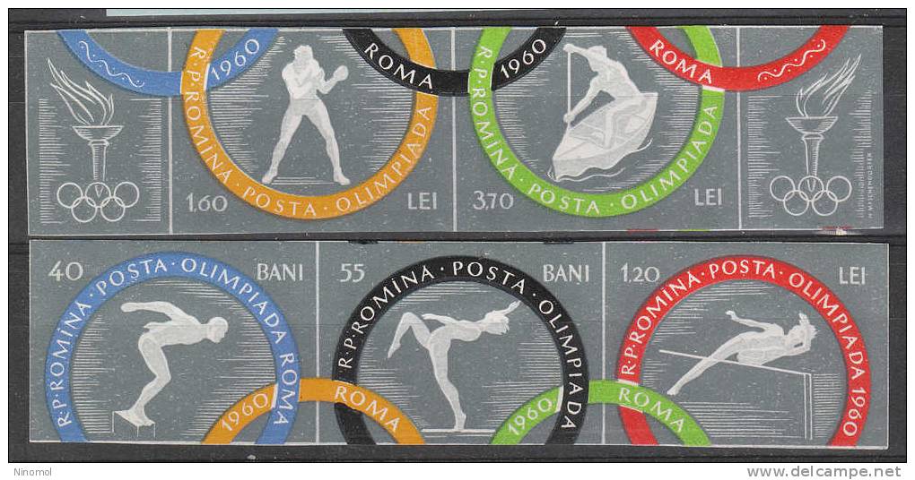 Romania -   " Rome 1960 ".  Complete Set,  MNH , Imperf. And Fresh Strips.  Rare. Boxe,Canoeing, Diving - Summer 1960: Rome