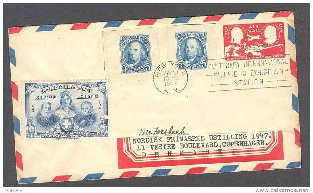 United States Postal Stationery Centenary International Exhibition Label Cover 1947 To Nordic Stamp Exhibition Denmark - 1941-60