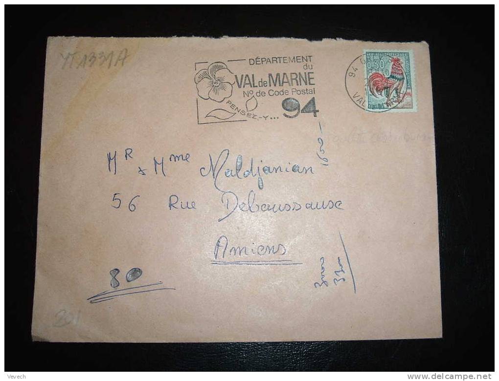 LETTRE AVEC COQ DE DECARIS N°1331A ROULETTE OBL. MECANIQUE ILLUSTREE 94 ORLY PPAL - 1962-1965 Hahn (Decaris)