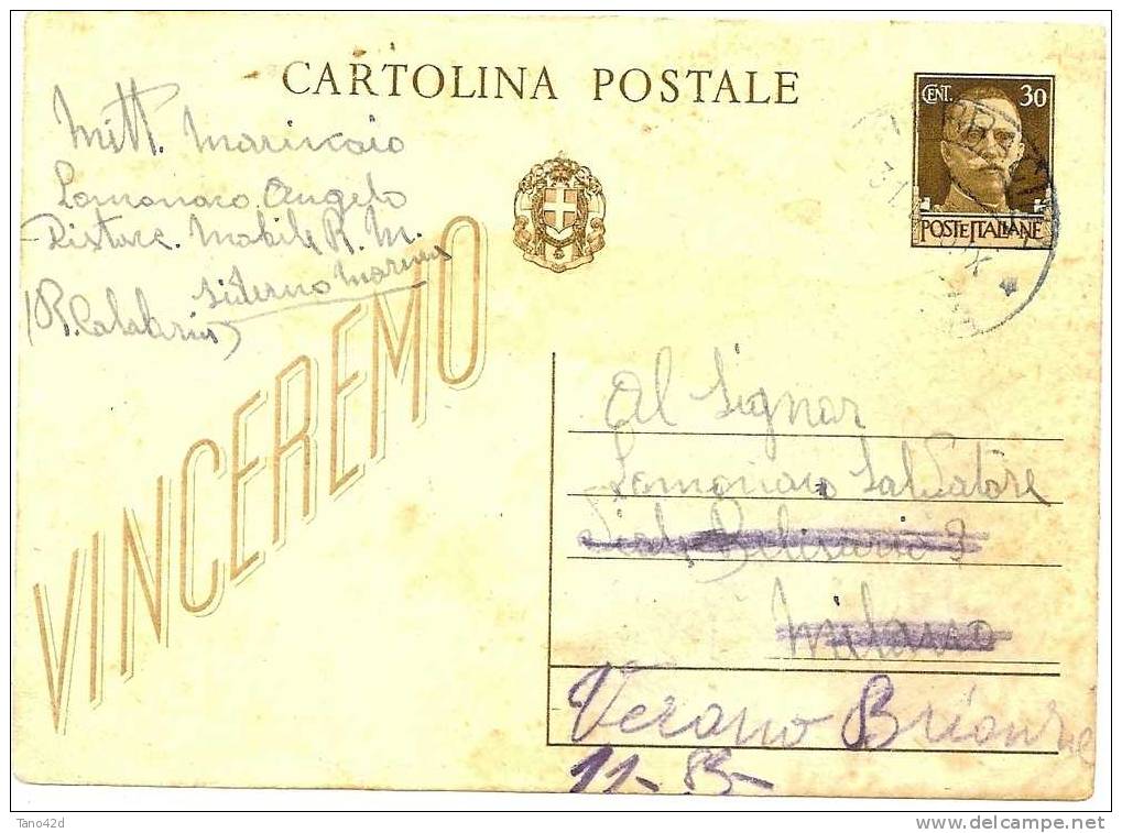 REF LIT9/GALL/ITEP - IMPERIALE 30C "VINCEREMO" D'UN MARIN EMBARQUE (?) OBL. TERRACINA (?) 31/8/1943 - Entero Postal