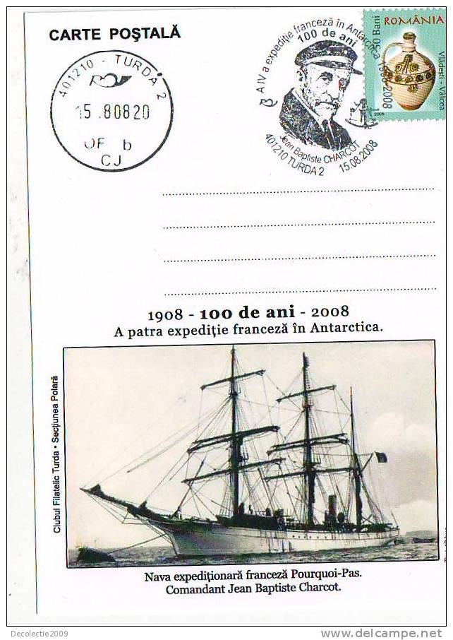 M838 Postal Card Romania Explorateurs Jean Baptiste Charcot  Ship Bateaux Pourquoi Pas Perfect Shape - Explorateurs
