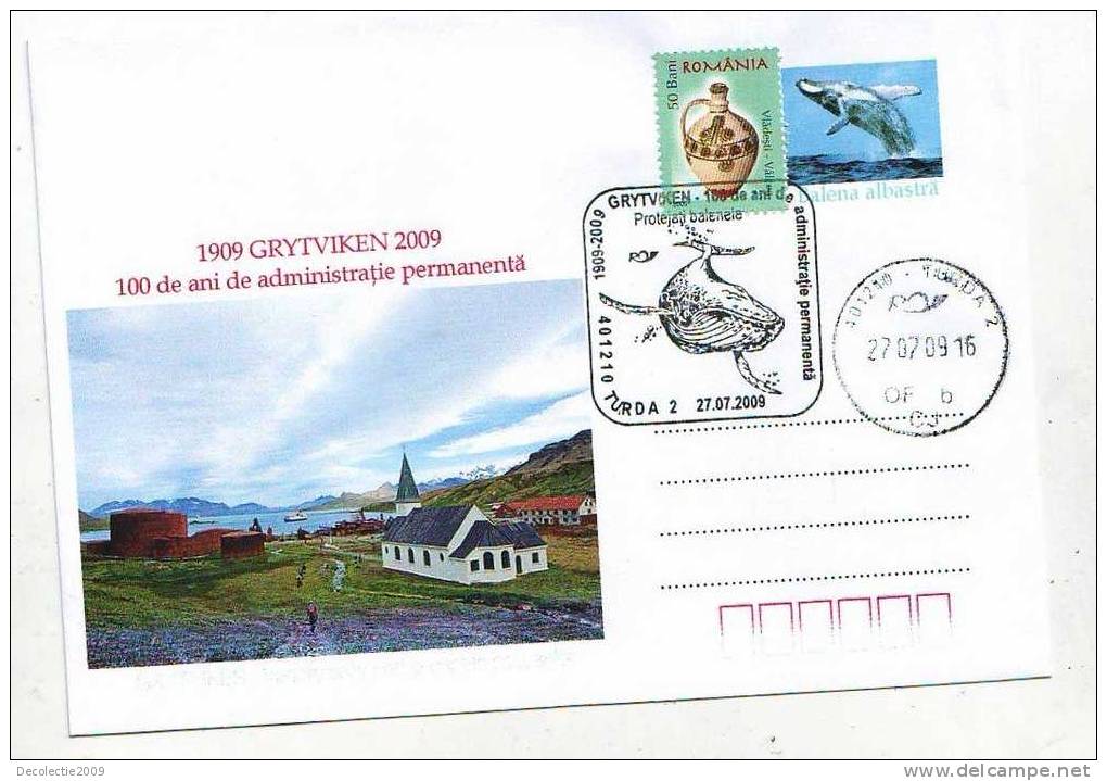 M926 Postal Card Romania Explorateurs Grytviken 100 Years Blue Whale Baleines Perfect Shape - Clima & Meteorología