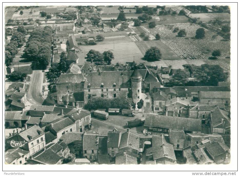 MONT Sur GUESNES  (86) - CPSM - Ensemble De L´église Et Du Château : Vue Aérienne ... Véhicules De Forains Sur La Place - Monts Sur Guesnes